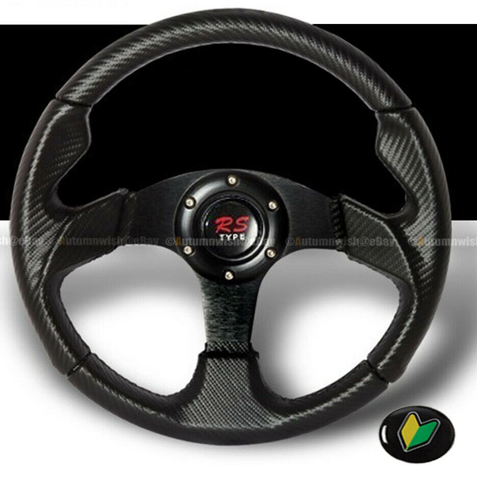 Universal 350MM Black Carbon Look Leather 6 Hole Steering Wheel Horn Button - Autumn Wish Auto Art