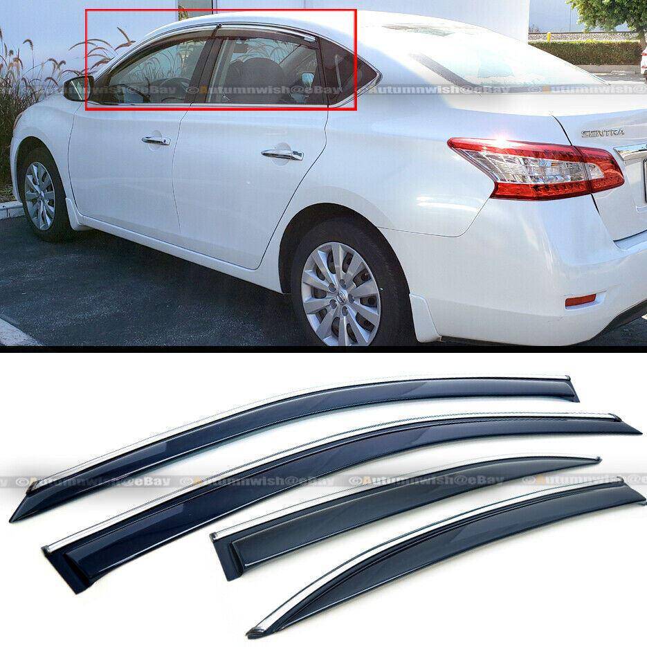 Nissan Sentra 13-17 Black Tinted Chrome Trim Window Visor Vent Shade Sun Rain Guard - Autumn Wish Auto Arts