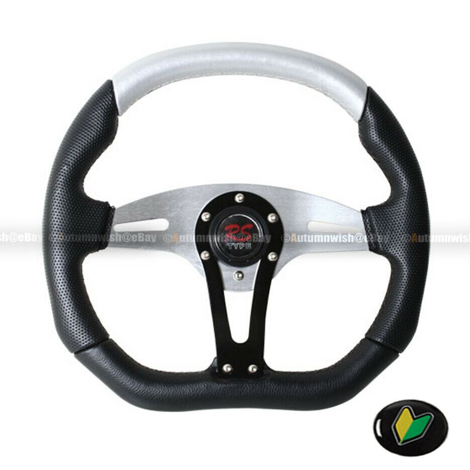 Universal JDM 350MM Black Silver PVC Leather 6 Hole Steering Wheel Horn Button - Autumn Wish Auto Art