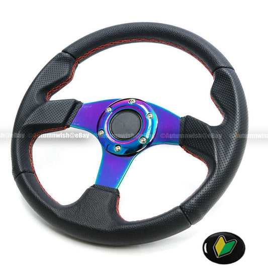 Universal Neo Chrome 320MM PVC Leather Red Stitches 6 Hole Steering Wheel Horn - Autumn Wish Auto Art