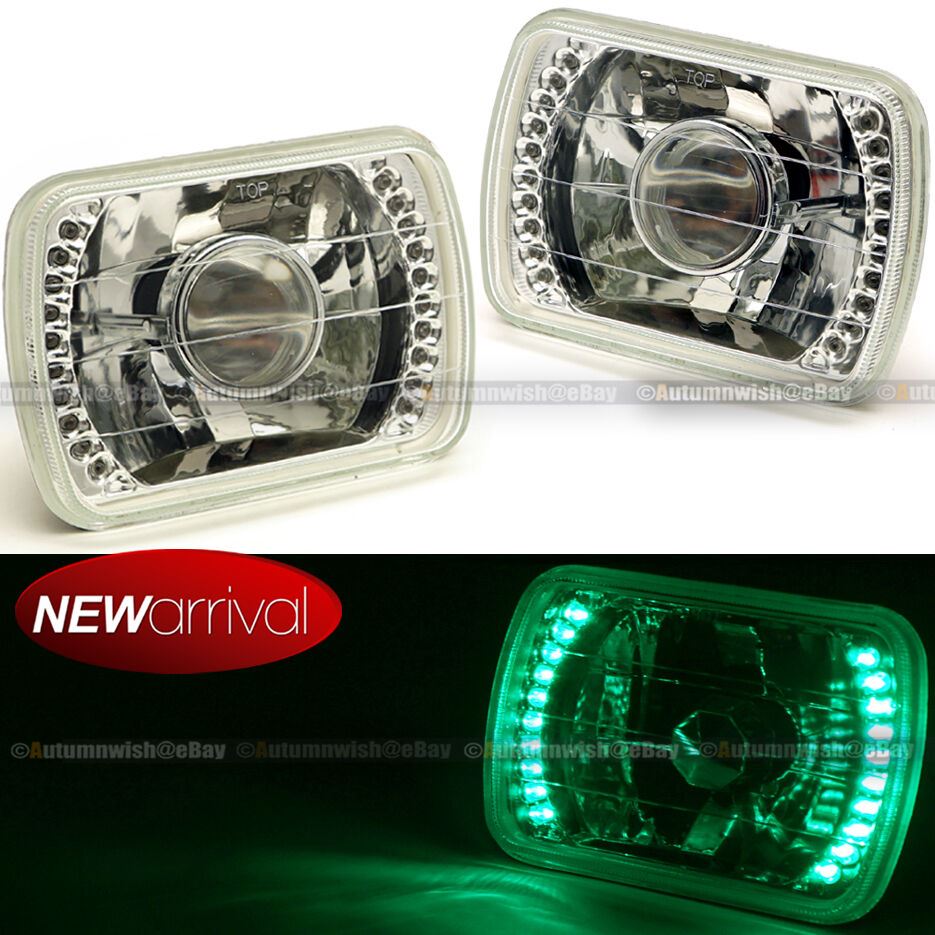 Pair 7"x6" Projector Headlight Fit H6014 H6052 H6054 Green LED Angel Eye DRL - Autumn Wish Auto Art