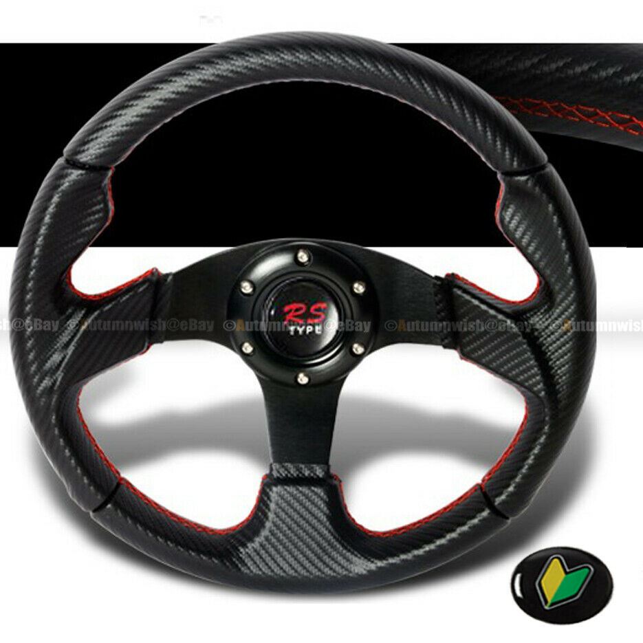 Universal Carbon Looks 350mm PVC Red Stitches Steering Wheel with Horn JDM - Autumn Wish Auto Art