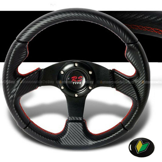 Universal Carbon Looks 350mm PVC Red Stitches Steering Wheel with Horn JDM - Autumn Wish Auto Art