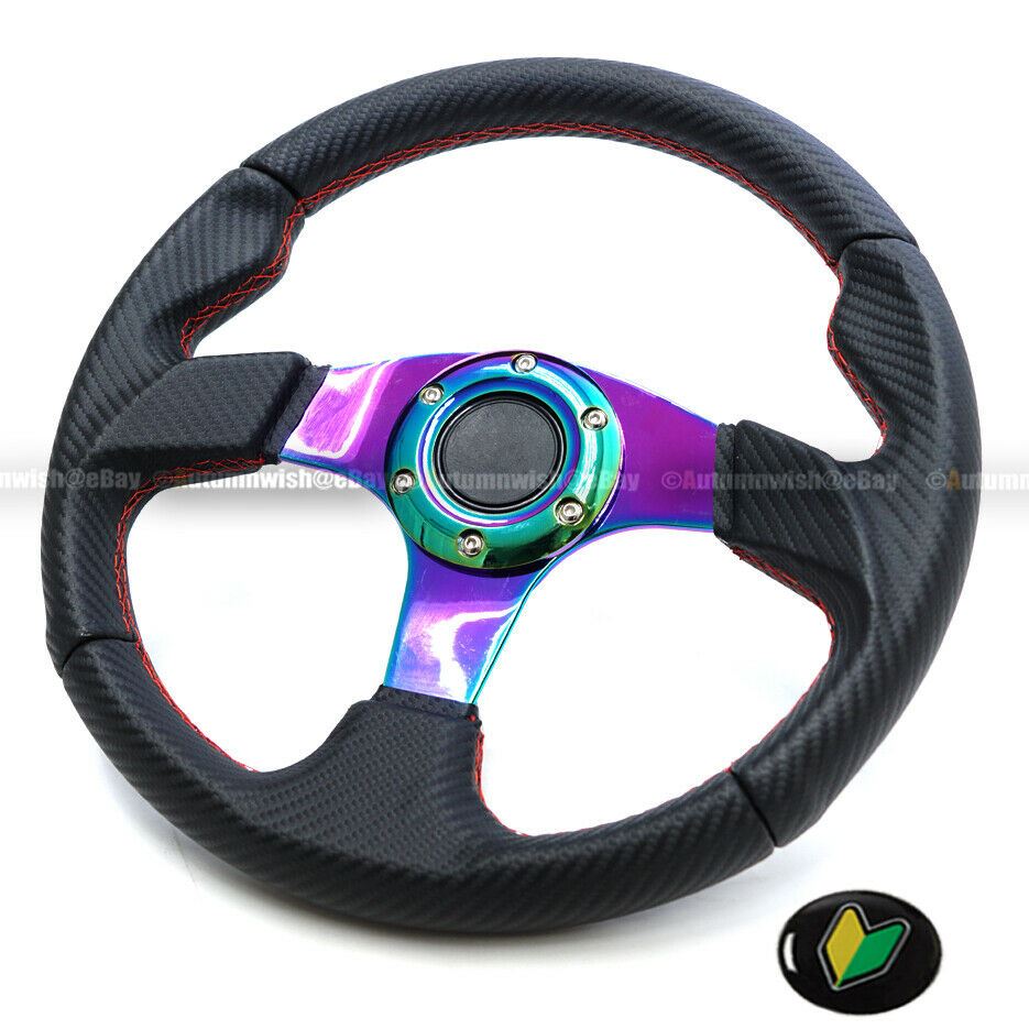 Universal Neo Chrome 320MM Carbon Leather Red Stitches 6 Hole Steering Wheel - Autumn Wish Auto Art