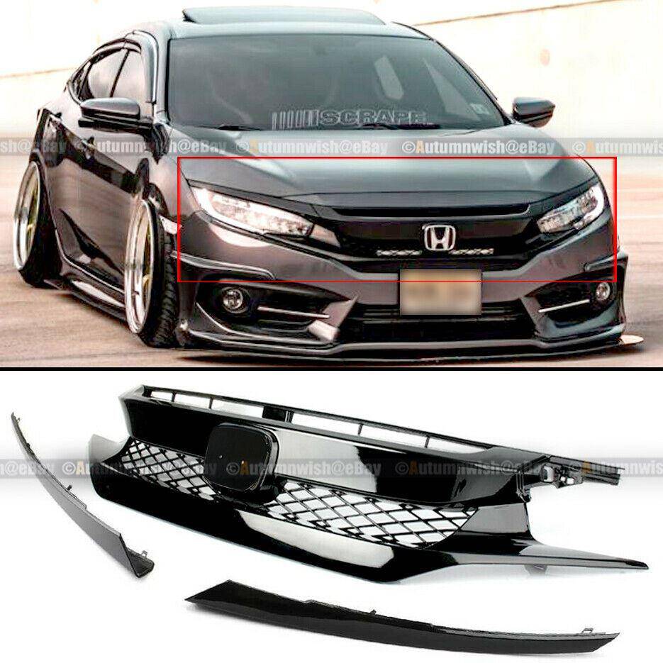 Honda Civic 16-18 10th X FK8 Type R Glossy Black Bumper Grille + 2 Pieces Eyebrows - Autumn Wish Auto Arts