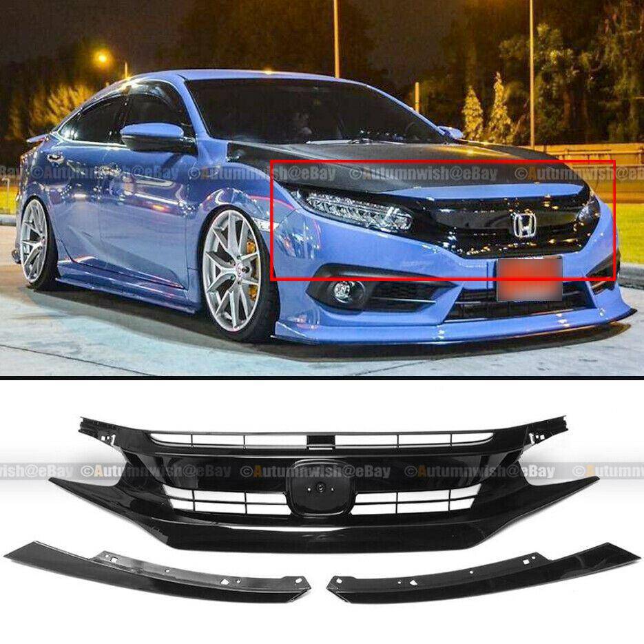 Honda Civic 16-18 10th X JDM Style Glossy Black Bumper Grille + 2 Pieces Eyebrows - Autumn Wish Auto Arts