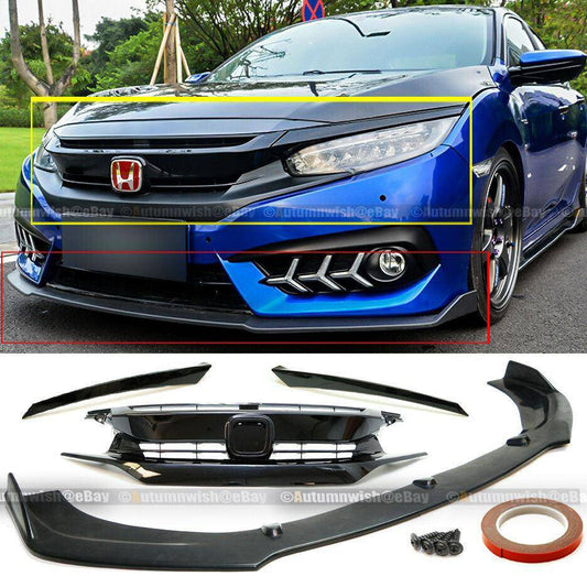 Honda Civic 16-18 JDM Style Glossy Black Bumper Grille Eyebrows Front CS Lip - Autumn Wish Auto Arts