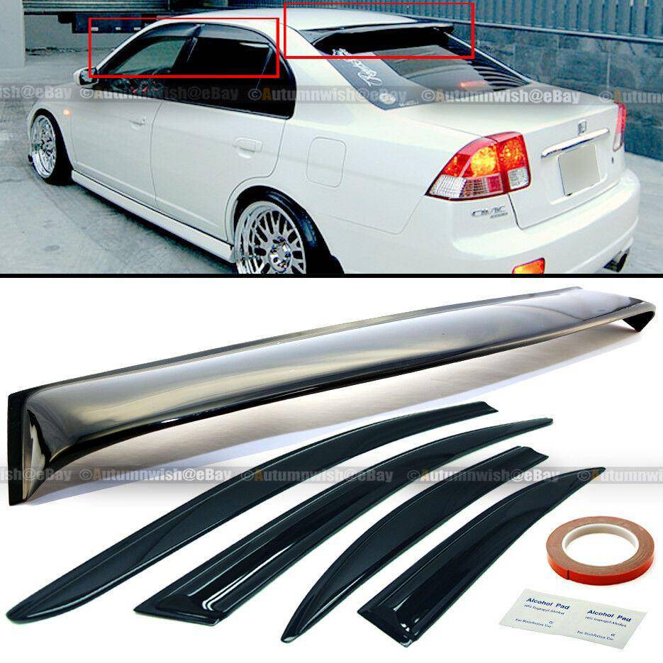 Honda Civic 01-05 4DR Black Tint Mugen Style Wavy Window Visors & Rear Roof Visor - Autumn Wish Auto Arts