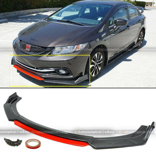 Honda Civic 13-15 4Dr Carbon Painted Red Center CS 3 PCS Front Bumper Lip Spoiler - Autumn Wish Auto Arts