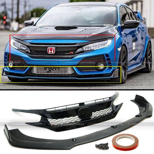 Honda Civic 16-18 T-R Style Glossy Black Bumper Grille Eyebrows Front Lip Spoiler - Autumn Wish Auto Arts