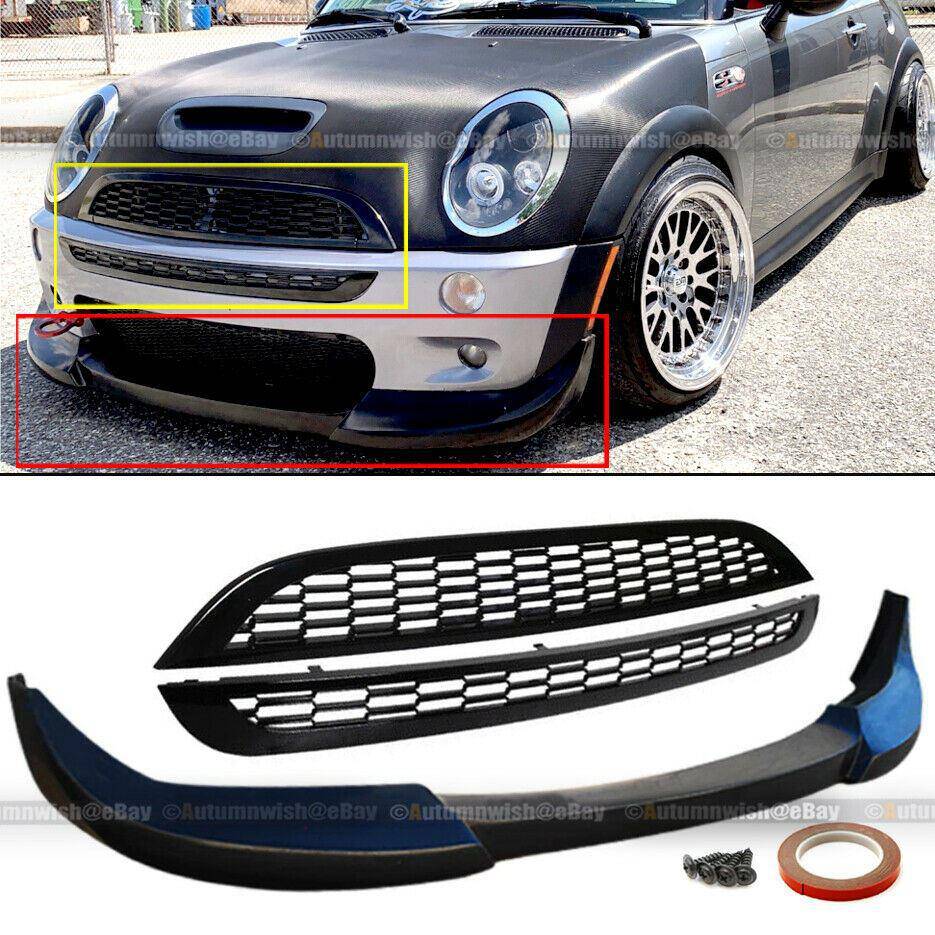 Mini Cooper 02-06 Unpainted Front Bumper Lip & 2 PCS JCW Style Mesh Grille - Autumn Wish Auto Arts